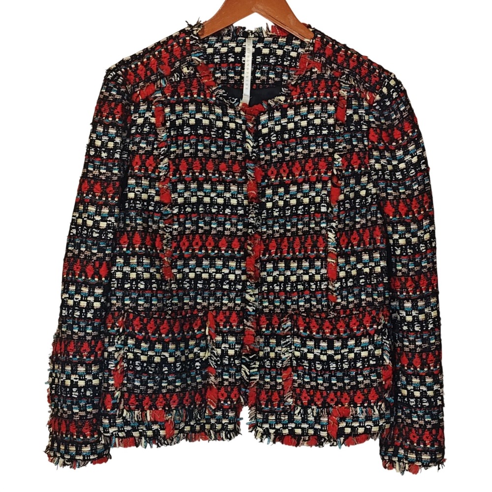 Truth and Pride Tweed Blazer Women L Red Multi Color Fringe Open Front Jacket